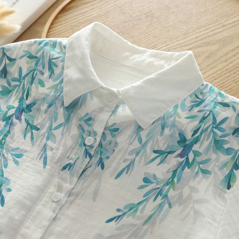 Women Blue Leaf Veils Printed Shirt