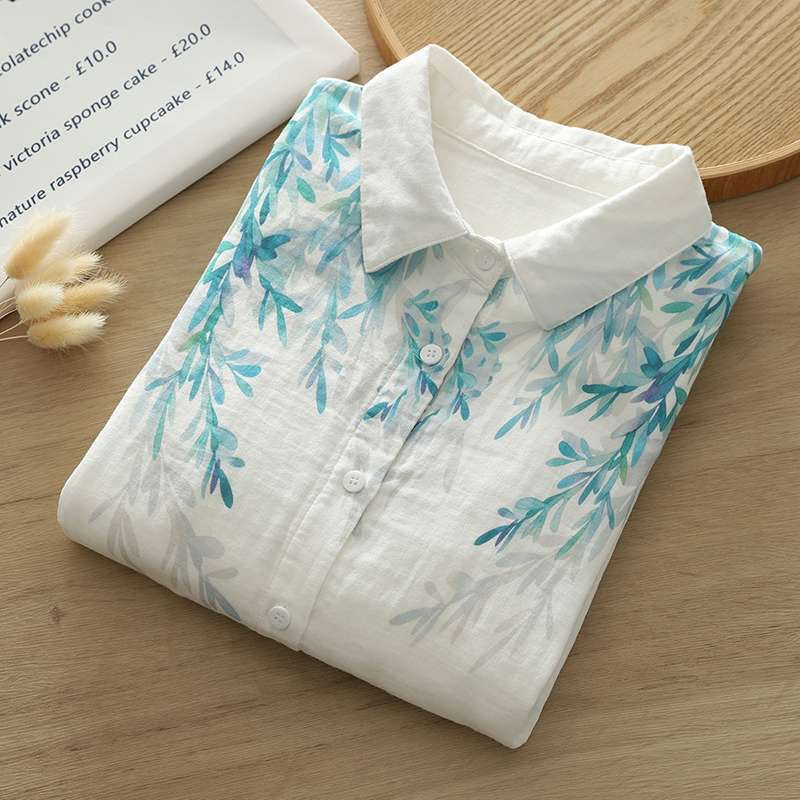 Women Blue Leaf Veils Printed Shirt