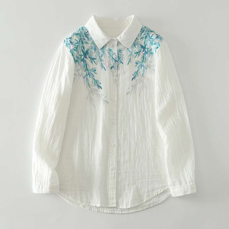 Women Blue Leaf Veils Printed Shirt