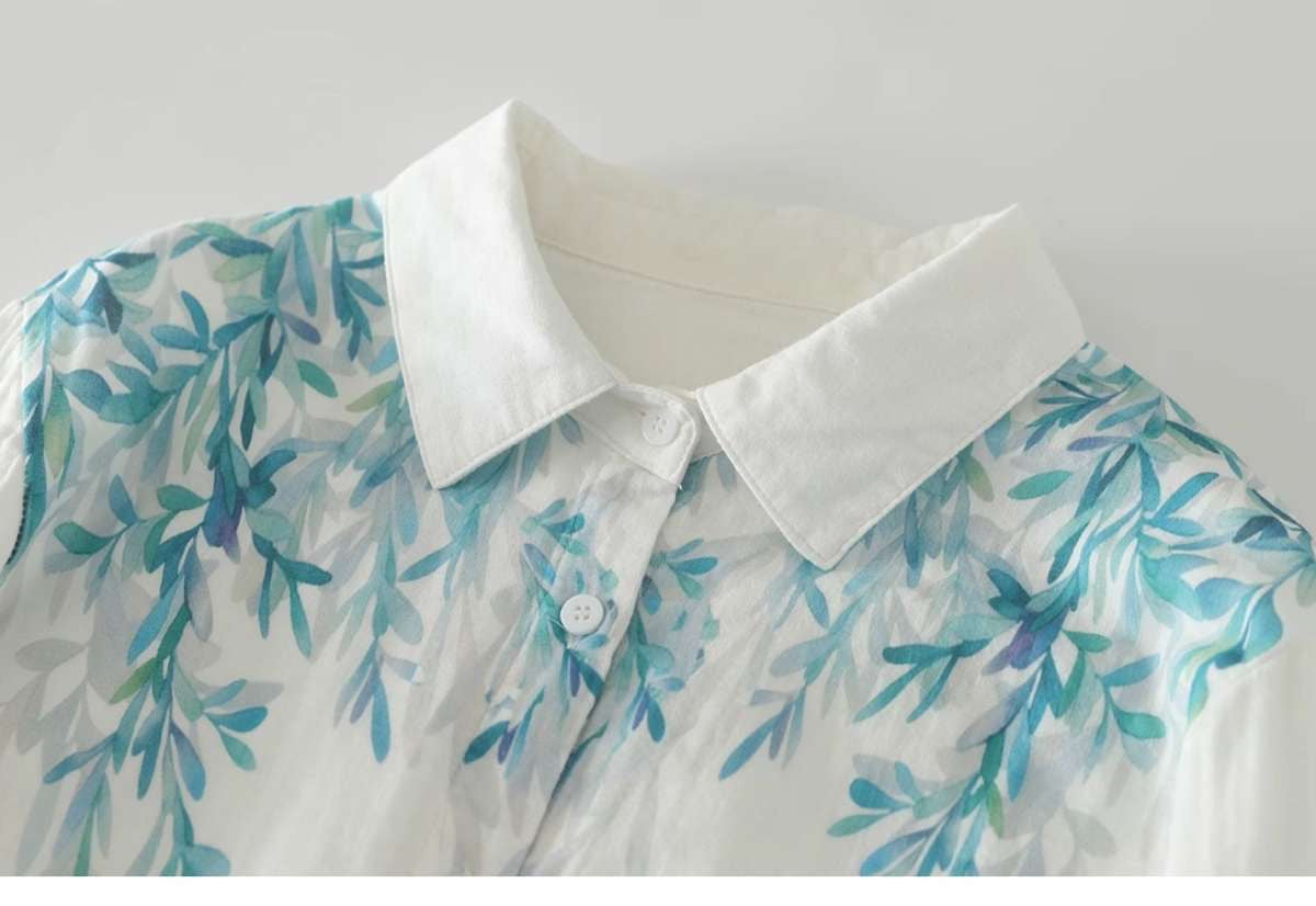 Women Blue Leaf Veils Printed Shirt